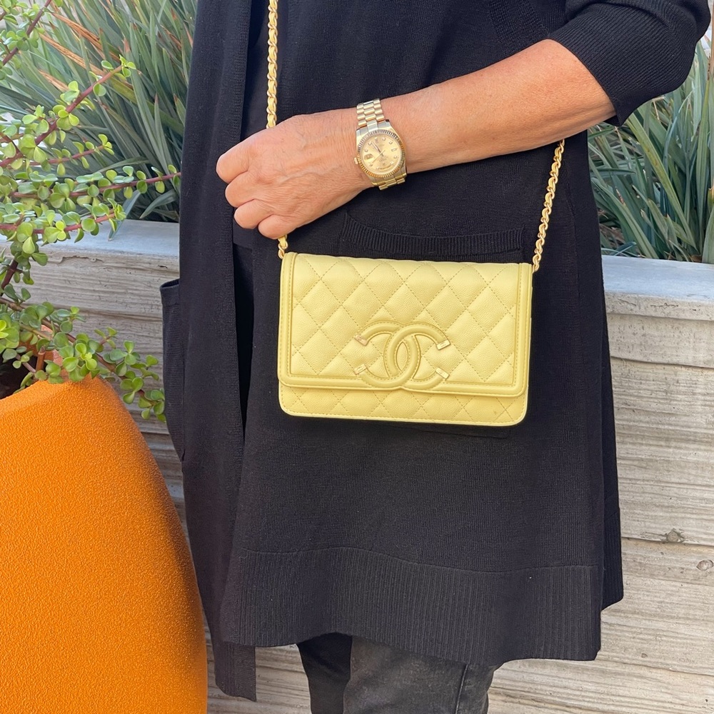 Chanel Caviar Quilted CC Filigree Wallet On Chain WOC Yellow